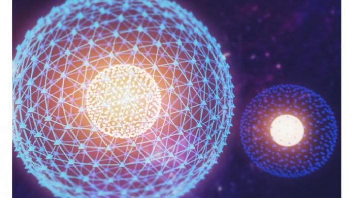 nucleus-of-atom-nuclear-explode-ray-radiation-light-science-picture-id623910348