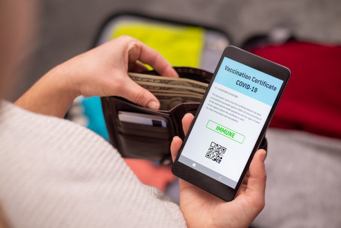 Traveller preparing for a trip, checking cash and looking to the phone with electronic copy of vaccination document