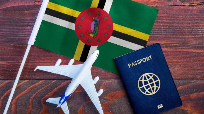 A Dominica flag, passport and toy airplane that refers to medical tourism
