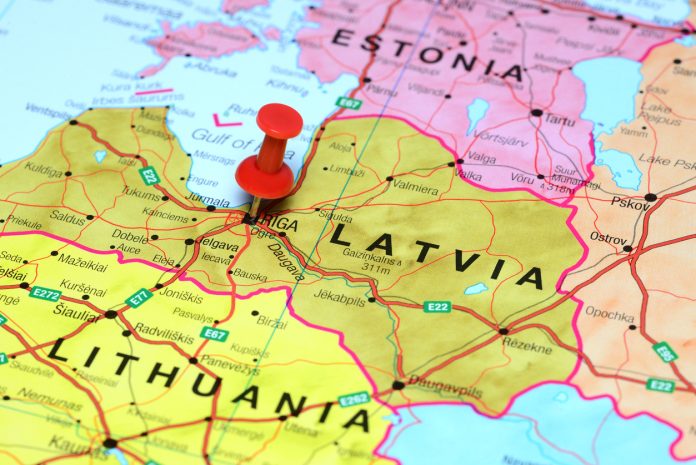 Riga pinned on a map of europe Map showing Estonia, Latvia and Lithuania.