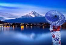 Japan to open in June Woman in kimono at Fuji mountain, referencing travel to Japan