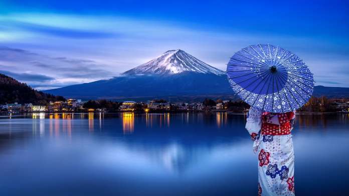 Woman in kimono at Fuji mountain, referencing travel to Japan