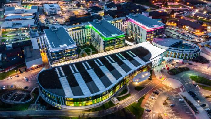 Mansfield Sutton In Ashfield NHS Kings Mill hospital building lit up colourful at night