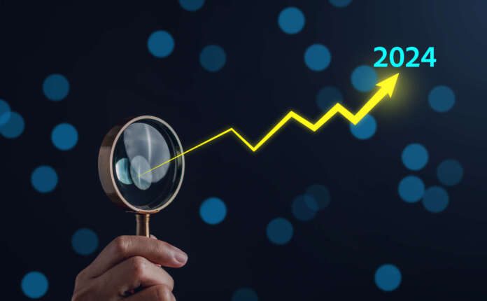 Goal of Happy Planning and challenge strategy business in New year 2024 with chart graph and countdown merry christmas and happy new year Concept.