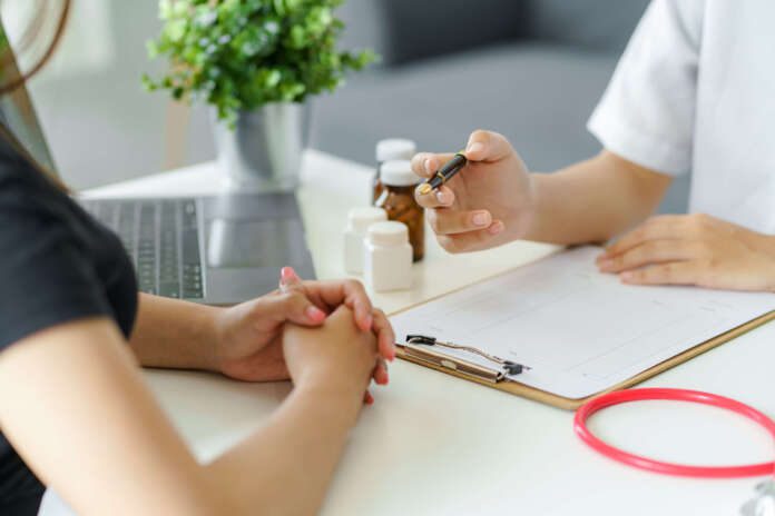The doctor is asking about the patient's history and Treatment details describe the effect of the disease and medication, side effect, medication, and way to take care of yourself.