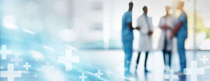 Doctors and nurses team overlay for healthcare, medical insurance and meeting at hospital. Men and women people with teamwork or collaboration talking and planning medicine, health and wellness