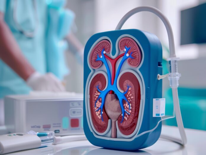 A compact portable kidney filtration device being used at home showcasing ease of use and mobility for patients