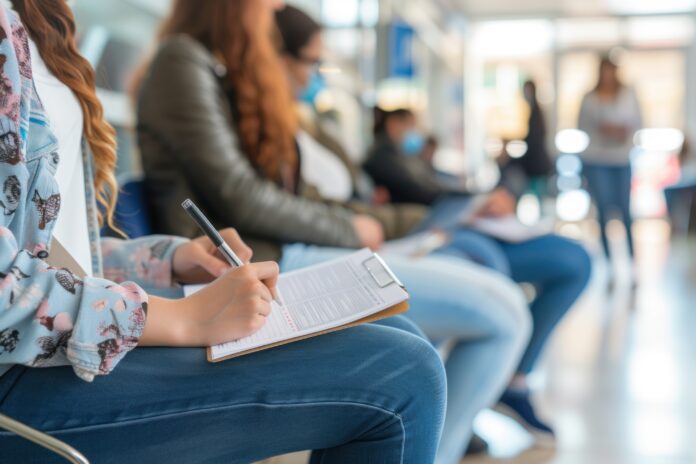 Patients filling out forms in a waiting area with blurred background. Hospital queue