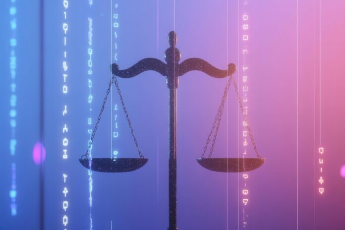 digital justice scale balancing glowing ai code on one side and ethical human values on other, surrounded by floating regulation icons and binary streams, in blue-to-purple gradient atmosphere