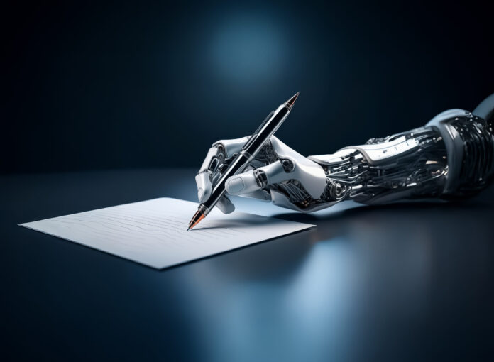 A futuristic silver robotic arm holds a pen, writing on blank white paper against a deep dark blue backdrop.