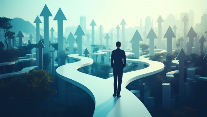 Navigating career paths in business growth urban landscape digital art futuristic atmosphere inspirational viewpoint personal development