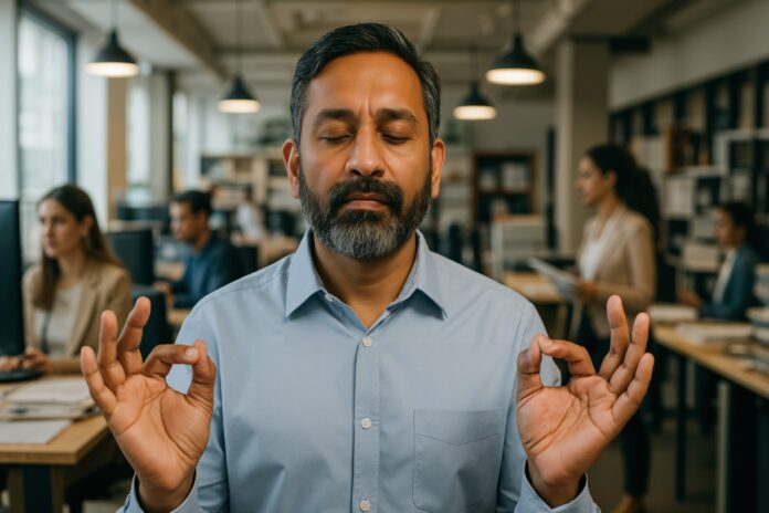 A middle-aged South Asian man practicing mindfulness meditation in a modern office space, promoting workplace wellness and stress relief for employees.