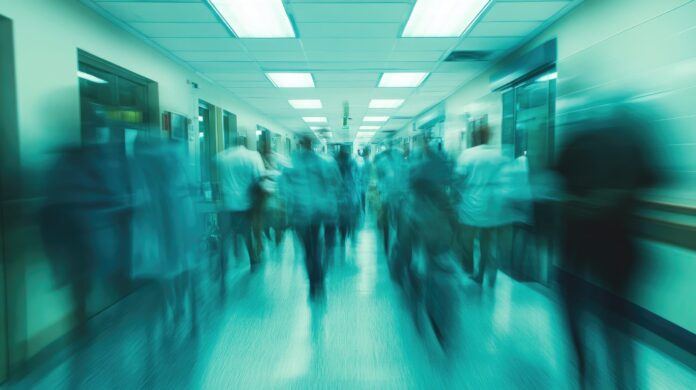 Blurred Hospital Corridor: A long hospital corridor, rendered in shades of cool teal, is filled with blurred figures, capturing the intense, fast-paced activity of a busy healthcare environment.