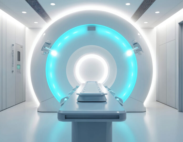 Modern medical linear accelerator radiation therapy equipment in hospital treatment room. Advanced device for cancer treatment. Oncology tech, diagnostic tech. Healthcare industry.