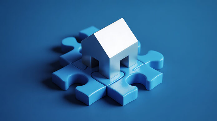 AdobeStock_1770718484 White house model resting on a blue puzzle piece base