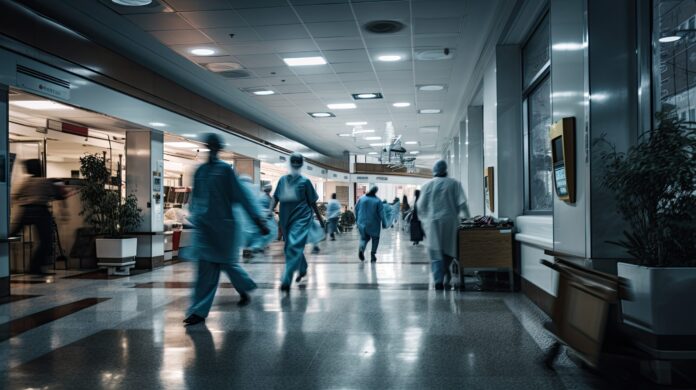 Dynamic shot of medical staff rushing through hospital corridors, epitomizing the urgency and pace of healthcare