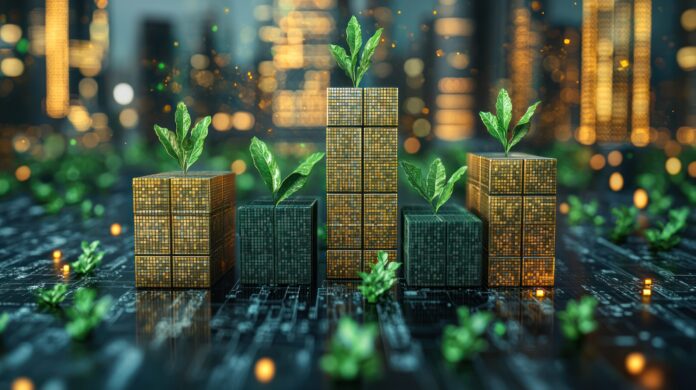 Green shoots growing on tech blocks, city night background; sustainable tech concept