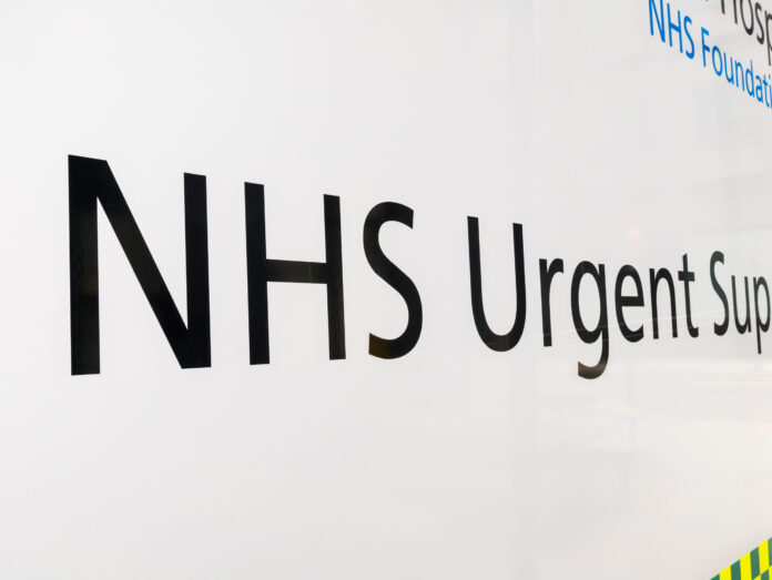 London, UK, March 11th 2023:NHS Urgent support ambulance logo at University College London hospital. Concept for front line staff, NHS medical response, emergency service. copy space.