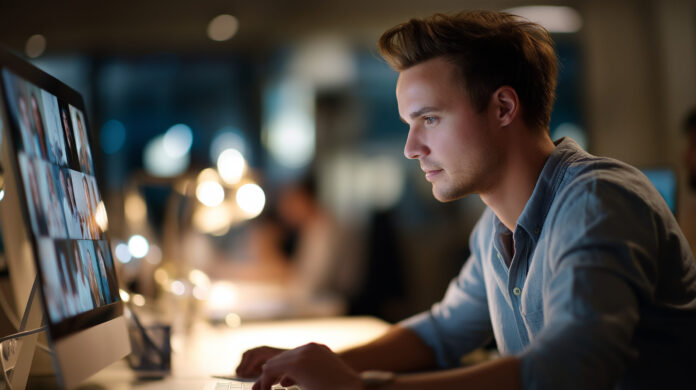Young professional at computer leading screen conference faceless worker hazy office interior remote video coordination virtual training session online management meeting wit