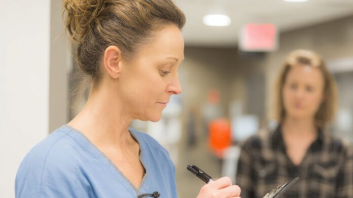 Nurse taking rapid medical history at occupational health quick evaluation station focusing on stressed employee with outoffocus clinic environment.