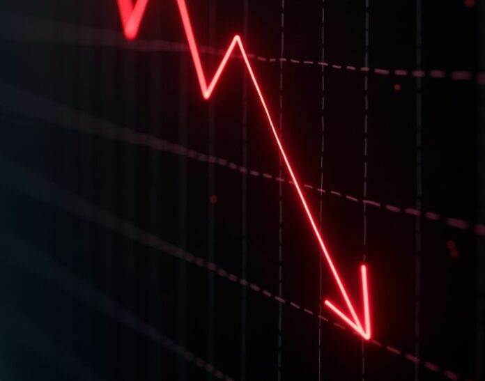 D red jagged line graph descending on black grid background with downward arrow Symbolizes stock market crash financial loss or economic decline in a clean serious design finance recession crisis m
