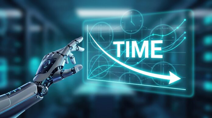 Time Management Artificial Intelligence Robot Efficiency Analytics Automation concept showing a futuristic holographic screen with a downward trend arrow for productivity optimization.