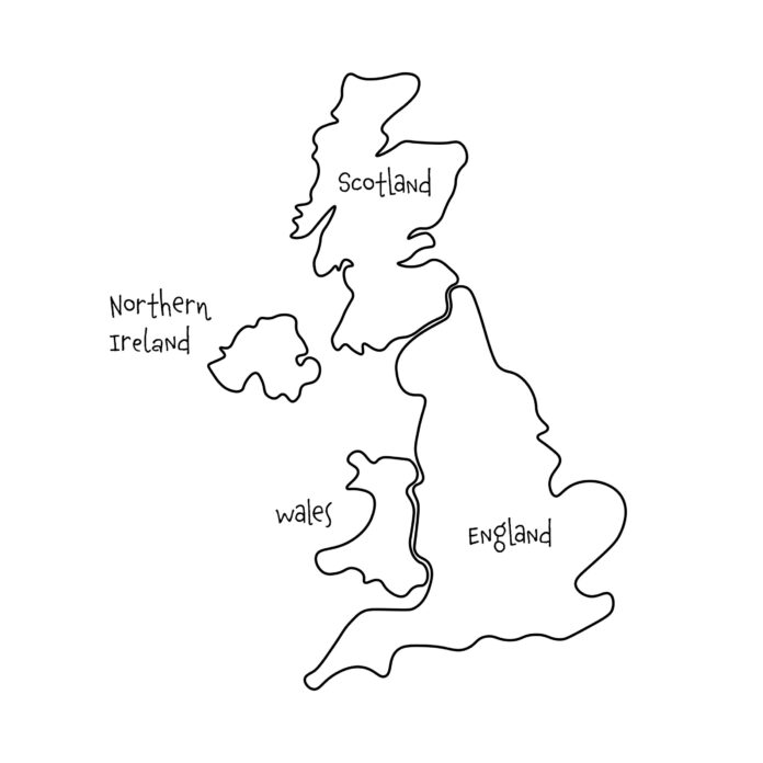 United Kingdom, aka UK, of Great Britain and Northern Ireland hand-drawn blank map. Divided to four countries - England, Wales, Scotland and NI. Simple flat vector illustration